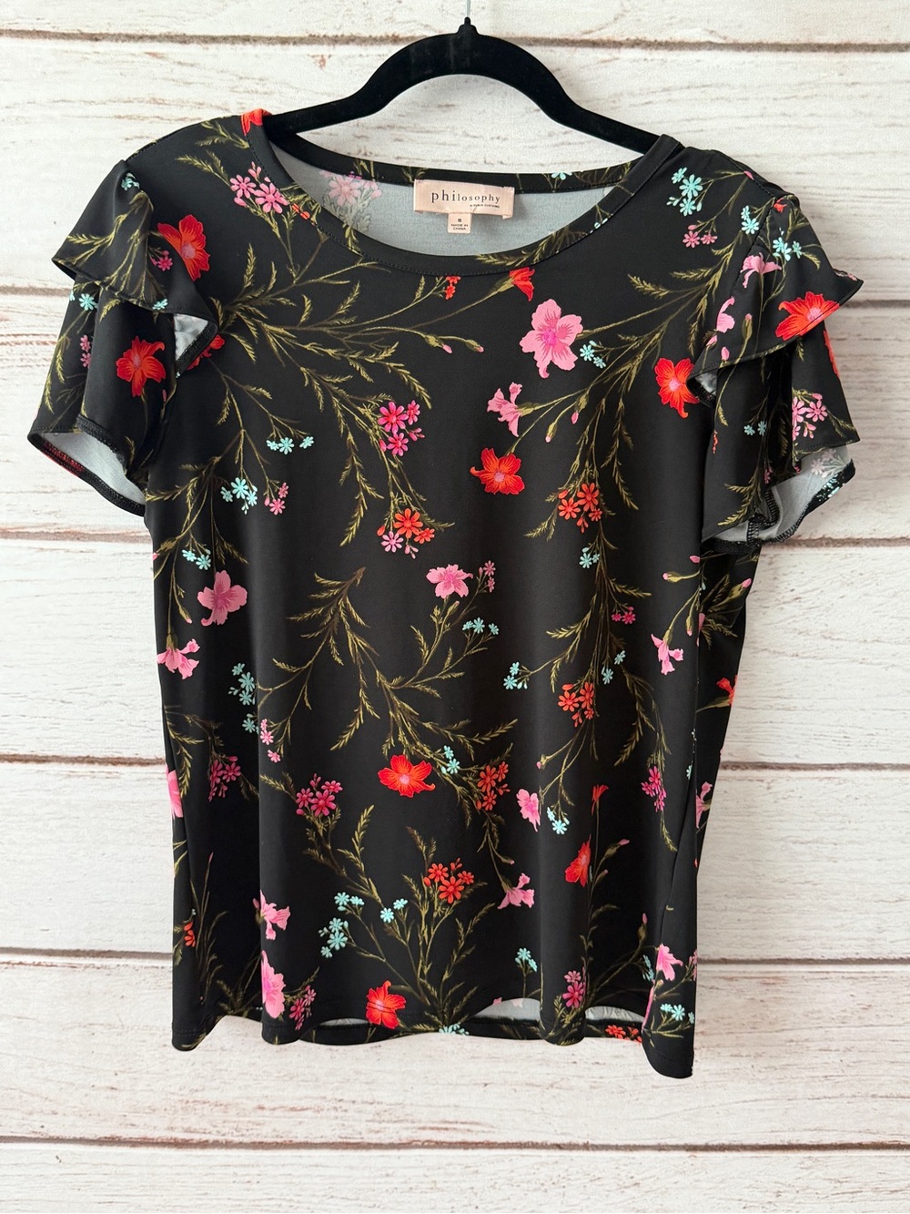 Philosophy Black Floral Ruffle Sleeve Top - Pink & Red Flowers Size Small